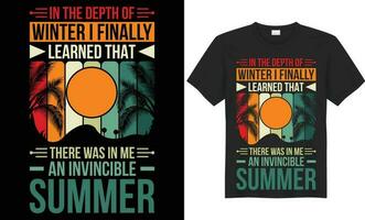 en el profundidad de invierno yo finalmente aprendió ese allí estaba en yo un invencible verano tipografía vector camiseta diseño. Perfecto para todas impresión elementos. escrito vector. aislado en negro antecedentes.