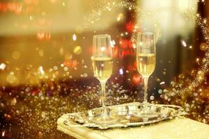 Two glasses of champagne against a background of bokeh spots. Festive romantic background. photo