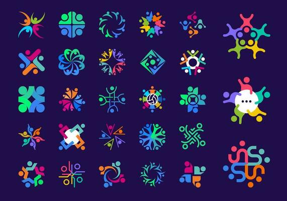 Unique people shape logo set. Unique color transitions. People team logo template. vector
