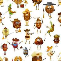 Nuts and beans cowboy characters seamless pattern vector