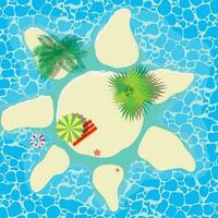 Flat lay with tropical leaves and seastars. Vector banner with beach sand, tropical plants and sea waves. Top view vector illustration for promotion of summer goods.  island in the form of the sun