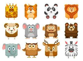 Square animal faces, kawaii cartoon zoo characters vector