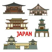 Japón puntos de referencia y templos, japonés torres puertas vector