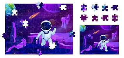 Space jigsaw puzzle game with astronaut on planet vector