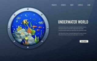 Landing page, porthole, sea paper cut underwater vector