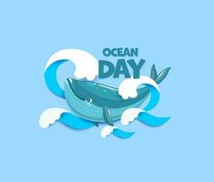 World oceans day, cartoon whale, paper cut waves vector