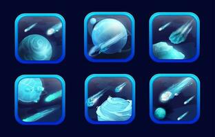 Cartoon space game app icons with blue planets vector