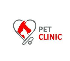 Pet clinic icon, dog and cat in stethoscope heart vector