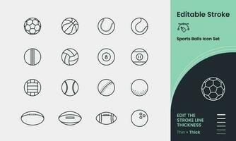 Sports Balls Icon collection containing 16 editable stroke icons. Perfect for logos, stats and infographics. Edit the thickness of the line in any vector capable app.