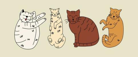 A set of funny cute cats in different poses in the style of hand drawing. Collection in different poses of pets. Vector illustration