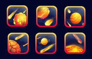 Cartoon space game app icons with orange planets vector