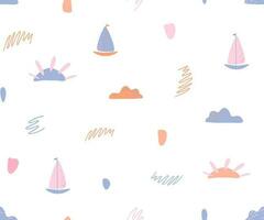 náutico sin costura modelo con linda barcos, nubes y sol, garabatear estilo, decorativo verano fondos de pantalla vector