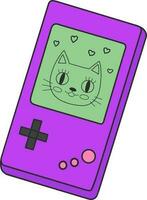 Portable game player. Old portable console games. Retro gaming gadget of the 90s. portable classic console game panel with a flat vector illustration design with a cat on the screen.