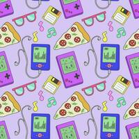 Seamless pattern with retro icons depicting tamagotchi, a game console, a player and other items in the colorful style of the 80-90s. Flat vector illustration.