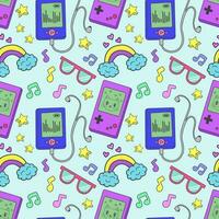 Seamless pattern with retro icons depicting a game console, player, glasses, rainbow, stars and other items in the colorful style of the 80s and 90s. Commercial vector illustration.