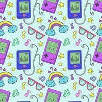 Seamless pattern with retro icons depicting a game console, player, glasses, rainbow, stars and other items in the colorful style of the 80s and 90s. Commercial vector illustration.