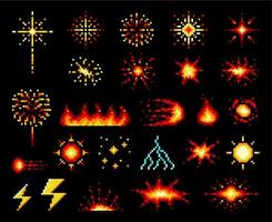 8 bit pixel fire flames, explosion and fireballs vector