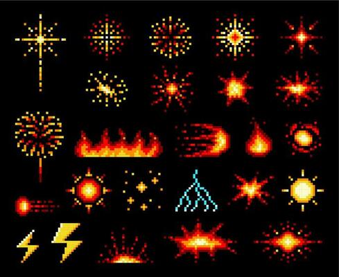 8 bit pixel fire flames, explosion and fireballs