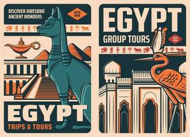 Egipto puntos de referencia, símbolos vector retro carteles