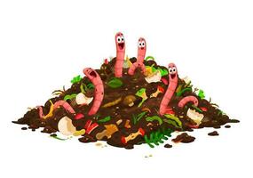 Cartoon funny compost worm characters in soil vector