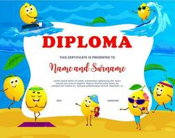 niños diploma dibujos animados limón personaje en playa vector