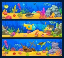 Underwater landscape, cartoon sea animals, banners vector