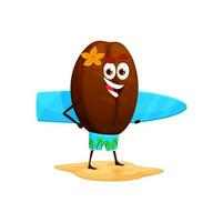 Cartoon coffee bean character with surf board vector