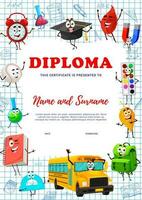 Kids education diploma, school supplies characters vector