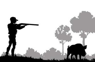 Hunting silhouette. Hunter with shotgun and boar vector