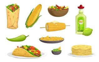 Mexican cuisine meals, cartoon food and drink vector