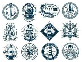 Nautical anchor, ship helm, lighthouse and fish vector