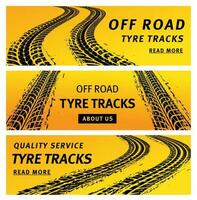 Tire track trails banners, car truck wheel prints vector