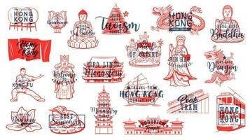 Hong Kong travel icons with landmark and lettering vector