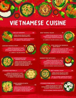 Vietnamese cuisine menu template, food of Vietnam