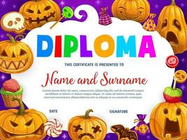 Kids diploma cartoon funny Halloween pumpkins vector