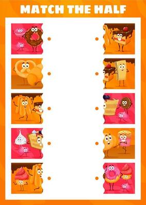 Match the half of cartoon bakery, sweet characters