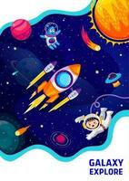 Space poster with cartoon kid astronaut and rocket vector