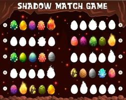 Cartoon dinosaur eggs in cave, shadow match game vector