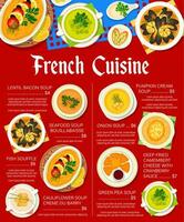 French cuisine restaurant menu, meals price list vector