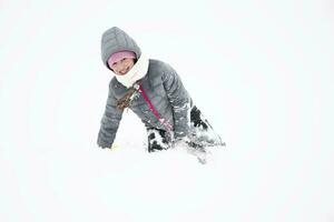 Child in winter. Cheerful little girl in warm clothes in the snow. photo