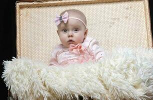 A little baby sits in a retro suitcase and looks at the camera. Pretty Baby. photo