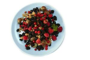 Berries on a plate on a white background. Gooseberries, raspberries, currants, mulberries on a platter. A scattering of various berries. photo