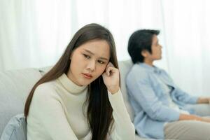 Divorce and quarrels. couples are desperate and disappointed after marriage. Husband and wife are sad, upset and frustrated after quarrels. distrust, love problems, betrayals. family problem. photo