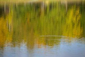 Reflection of an autumn multi-colored forest in blue water. Blurred autumn background. photo