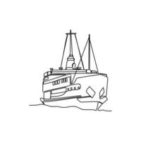 uno continuo línea dibujo de vehículo entra a el barco. mar vehículo en sencillo lineal estilo. transporte diseño concepto vector ilustración