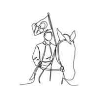 One continuous line drawing of a man holding a Turkish flag while riding a horse. Turkey patriotic in simple linear style. Turkey patriotic design concept vector illustration