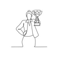 One continuous line drawing of a business woman holding a cup. Business winner illustration in simple linear style. Business design concept vector illustration