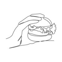 One continuous line drawing of a hand holding a burger. Food illustration in simple linear style. Food design concept vector illustration
