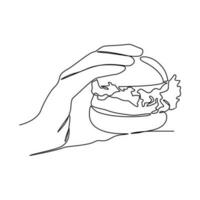 One continuous line drawing of a hand holding a burger. Food illustration in simple linear style. Food design concept vector illustration