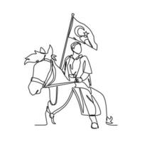 uno continuo línea dibujo de un hombre participación un turco bandera mientras montando un caballo. Turquía patriótico en sencillo lineal estilo. Turquía patriótico diseño concepto vector ilustración